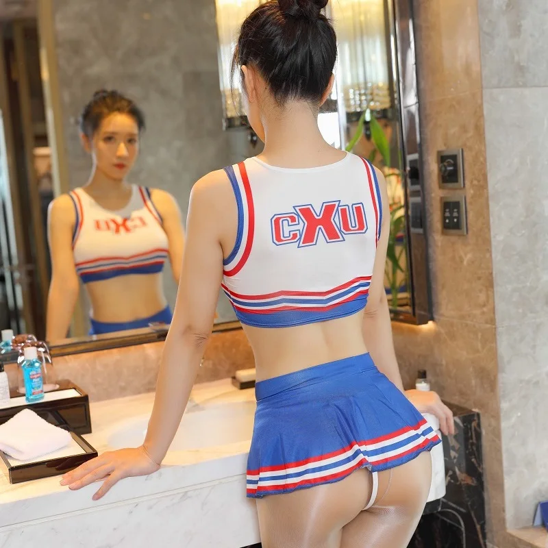 3PCS Sexy Cheerleader Erotic Uniform Cosplay Sleeveless Short Tank Top Low Waist A-Line Mini Skirt Cute Janpanese Sexy Lingerie