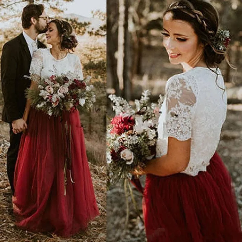 Gaun pernikahan Negara baru Vintage dua potong renda gading atas merah gelap merah anggur rok kain Tule panjang lantai gaun pengantin Boho