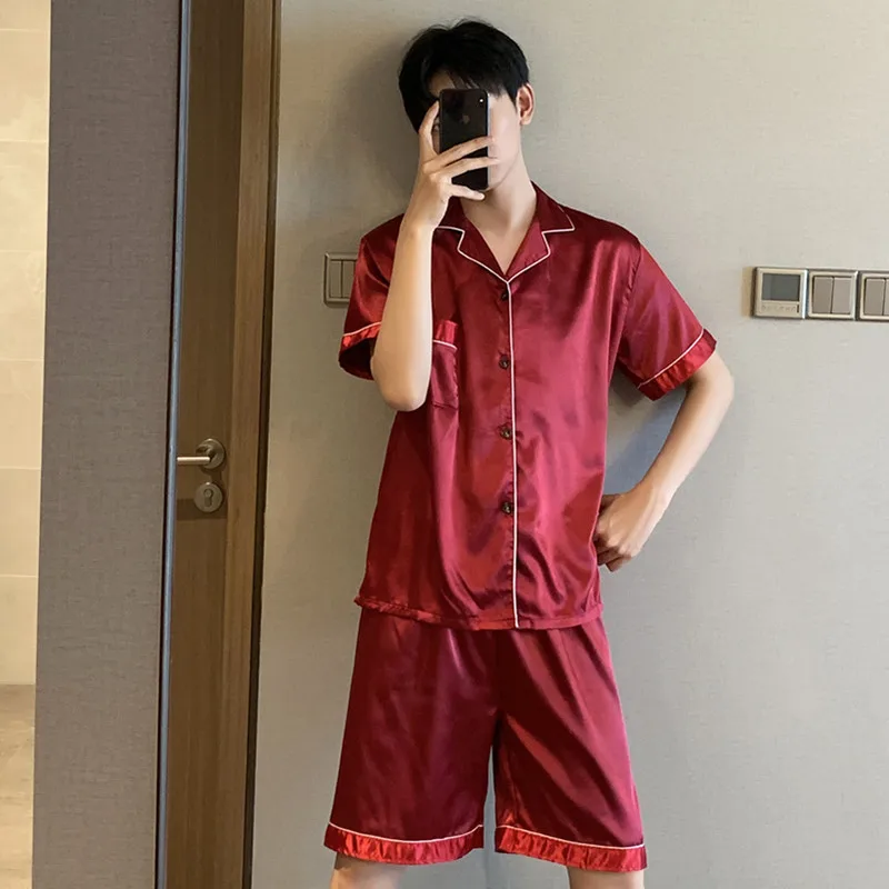 2021 Summer Newest Men\'s Pajamas Set Plus Size Solid Color Sleepwear Men\'s Short Sleeve Nightwear Short Top Pant Leisure Outwear