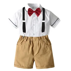 Kids Baby Boy Gentleman Outfit Formal Clothes Party White Bow Tie Shirt Top  +Pants 3pcs Cotton Set Child Wedding Party Suit