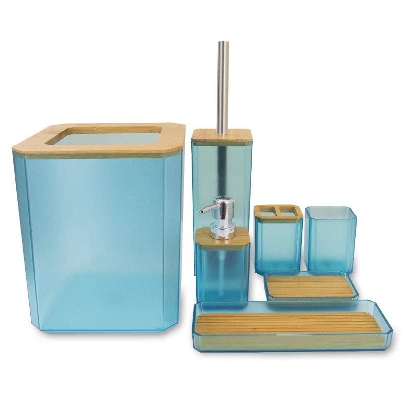 Bamboo Bathroom Accessories Set Plastic Bathroom Kit Soap Dispenser, Toothbrush Cup, Soap Dish, Toilet Brush Holder,Trash Can