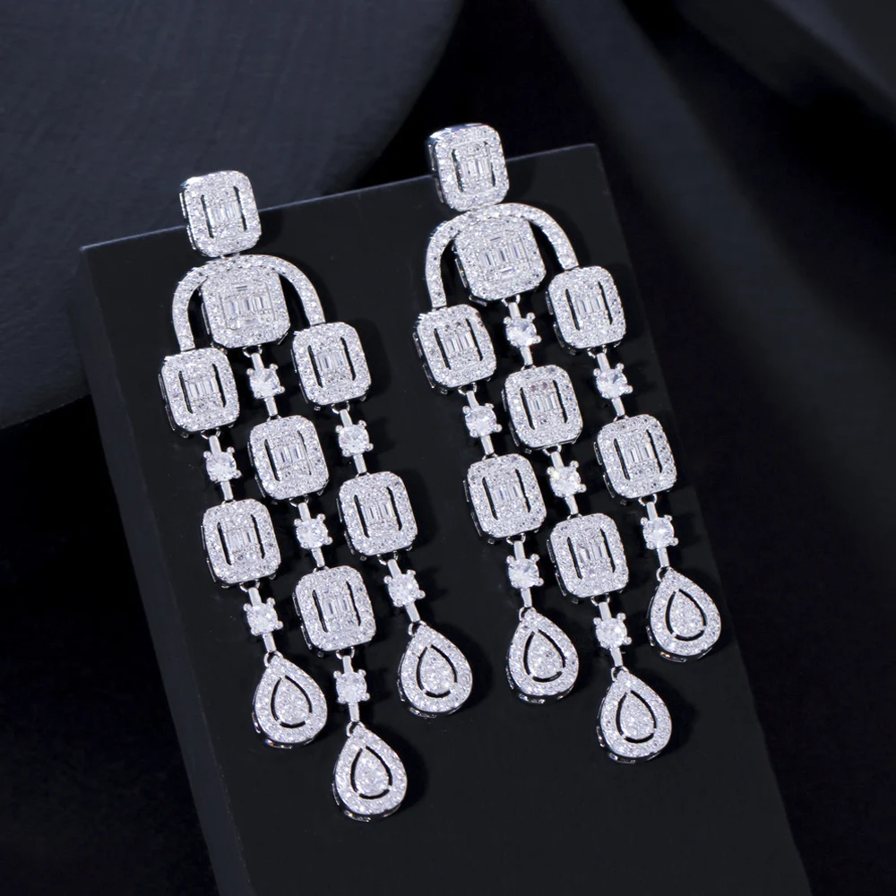 

ThreeGraces Luxury Cubic Zirconia Long Tassel Geometric Drop Chandelier Earrings for Brides Wedding Anniversary Jewelry ER708