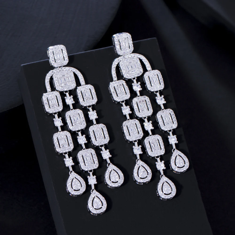 ThreeGraces Luxury Cubic Zirconia Long Tassel Geometric Drop Chandelier Earrings for Brides Wedding Anniversary Jewelry ER708