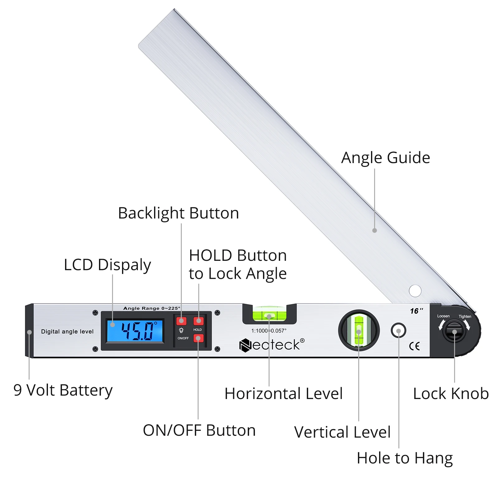 Imagem -02 - Neoteck Digital Espírito Nível Angle Finder a 225 ° Medidor Digital Medidor Transferidor Eletrônico Display Lcd