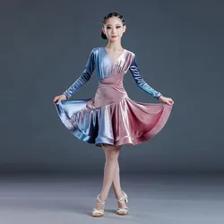 Kids Velvet Latin Dance Dress For Girls Child Competition Fashion Ballroom Tango Salsa Dancewear Practice Dancing Wear Cha Cha