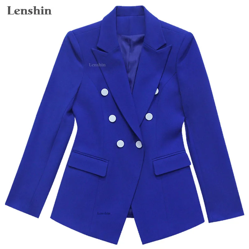 Lenshin Royal Blue Professional Business Jacket for Women Work Wear Office Lady Elegant Female Double Breasted Blazer Coat Top