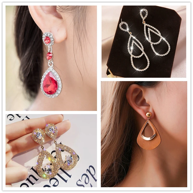 Zircon Crystal Water Droplets Earrings Women Wood Metal Acrylic Waterdrop Ear Fashion Wedding Jewelry Valentine's Day Gift