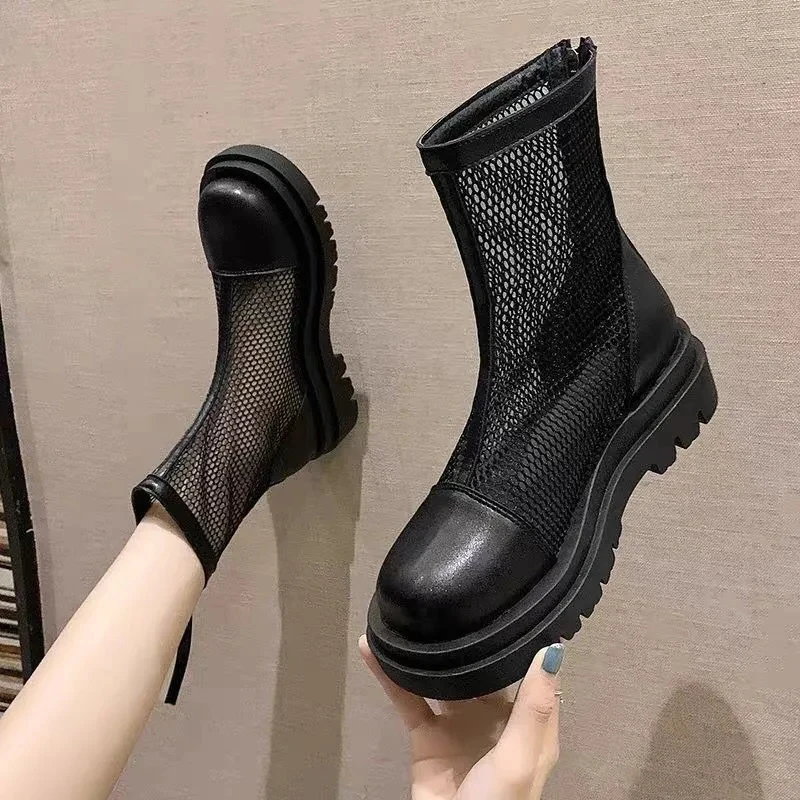 Summer Mesh Boots Women Fashion Lace Up Ankle Boots Woman Shoes Black Sandals Hollow Breathable Zipper Socks Boots Square Heel