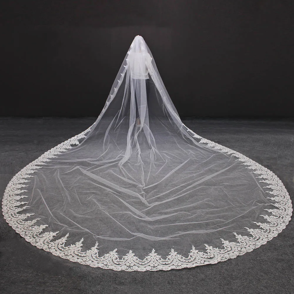 Luxury Long Wedding Veil with Comb 4 Meters Lace Bridal Veil One Layer White Ivory 400cm High Quality Veil Wedding Accessories