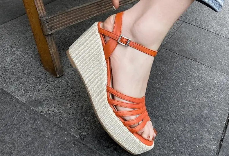 Dipsloot Newest Summer Girls Orange Beige Soft Leather Rome Wedge Sandals Female Open Toe 9 CM Heels Platform Cuts Out Sandals