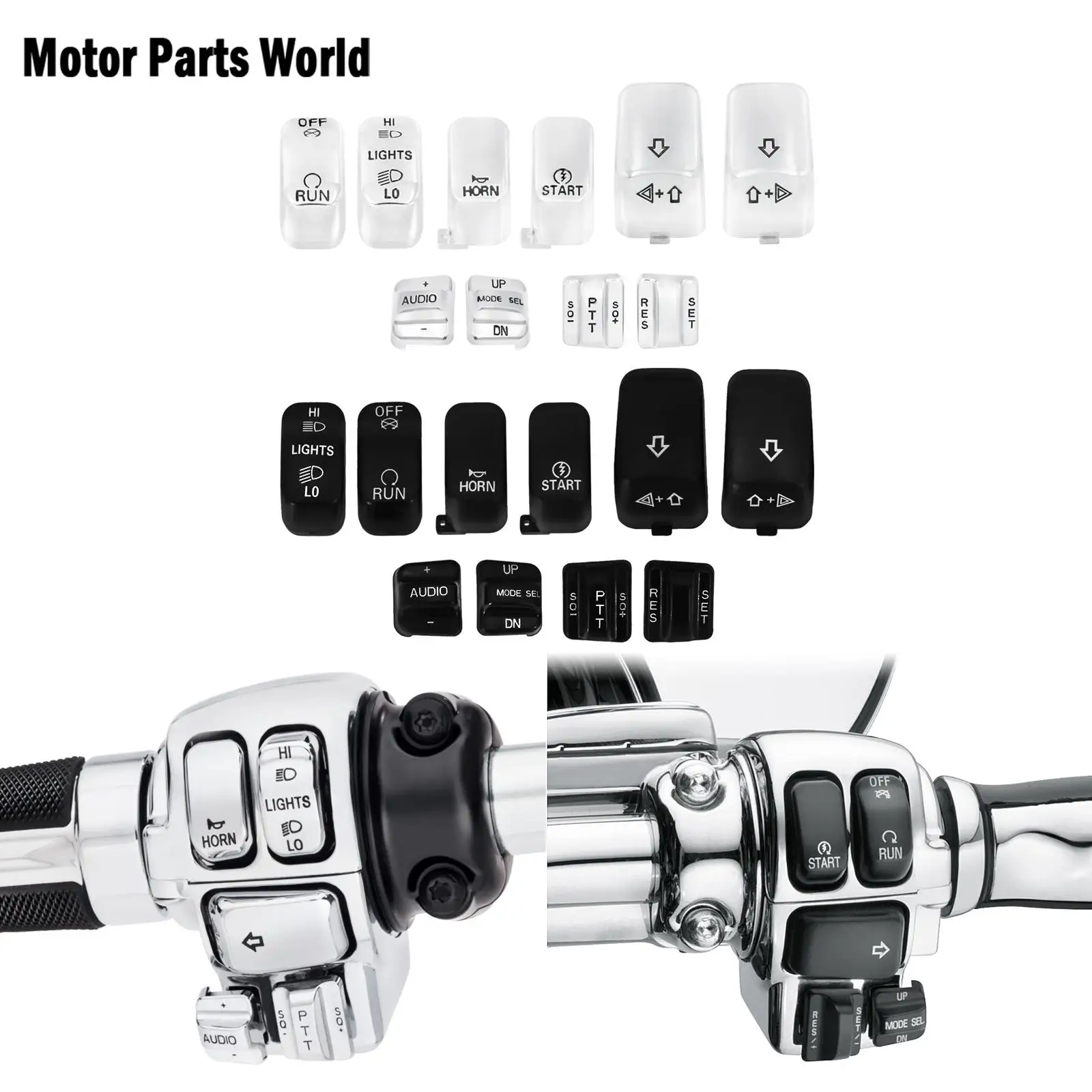 

10 pcs Motorcycle Hand Control Switch Housing Buttons Caps Black Chrome For Harley Touring Street Glide Electra Glide 1996-2013