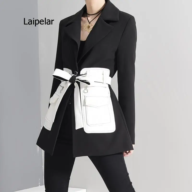 Feminino preto contraste cor bolso blazer nova lapela manga longa solto ajuste jaqueta moda maré primavera outono 2021