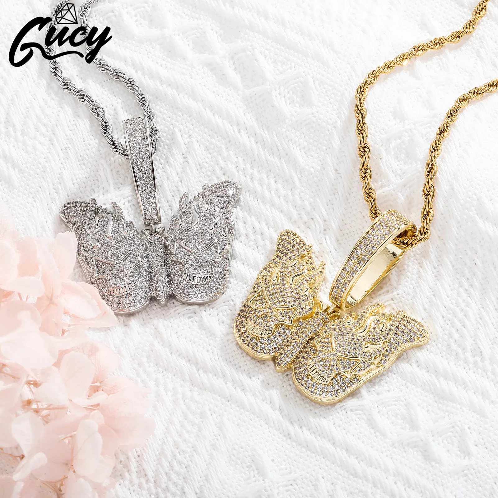

GUCY Bling Hip Hop Animal Necklace Cubic Zirconal Fashion Butterfly Pendant Necklace Trend Jewelry