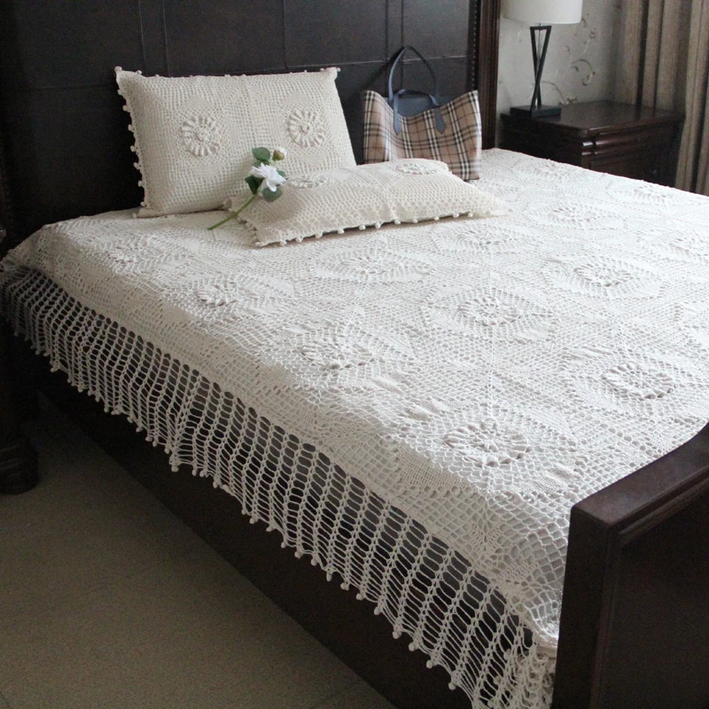 White Beige Crochet Handmade Luxury cotton Bedding 3pcs Set Pillow case Super KING 250x270cm DuvetCover Coverlet Sets Bedspread