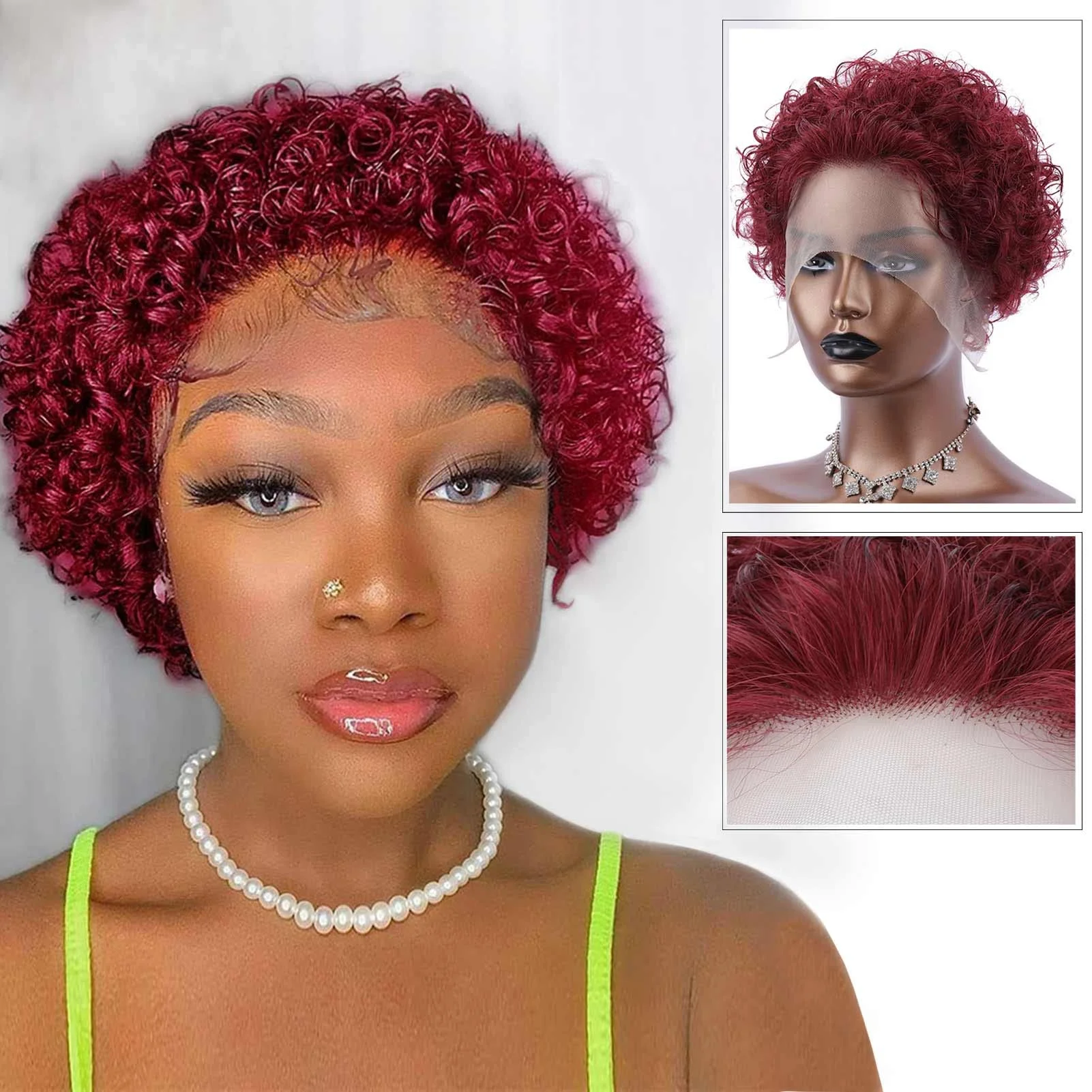 

Short Curly Part Lace Wigs 13x1 Brazilian Water Wave Human Hair Wigs 99j Pixie Cut Transparent Lace Front Wig for Black Women