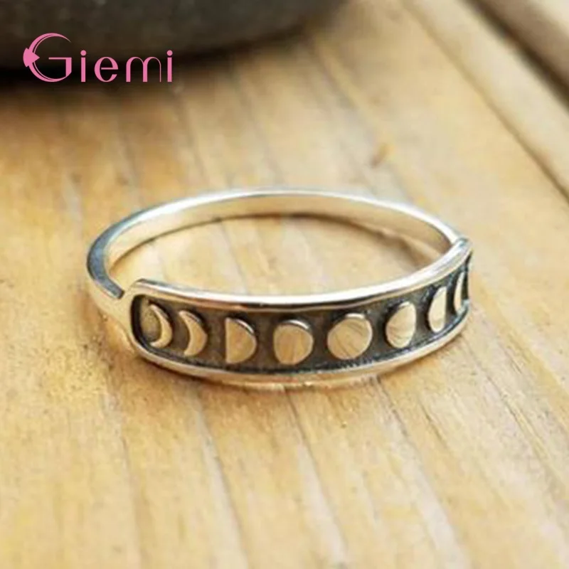 New Arrival Fashion Women Lady Vintage Handmade Moon Phase Finger Ring 925 Sterling Silver Moon Band Jewelry Supplies