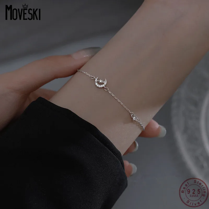 

MOVESKI 925 Sterling Silver Retro Minimalist Zircon Moon Bracelet Women Engagement Jewelry Exquisite Jewelry