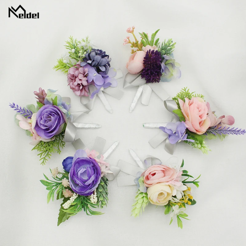 Meldel Boutonniere และ Corsage ข้อมือ Corsage ผู้ชาย Boutonniere เจ้าสาวสร้อยข้อมืองานแต่งงานประดิษฐ์ดอกไม้สีชมพูสีม่วง Rose