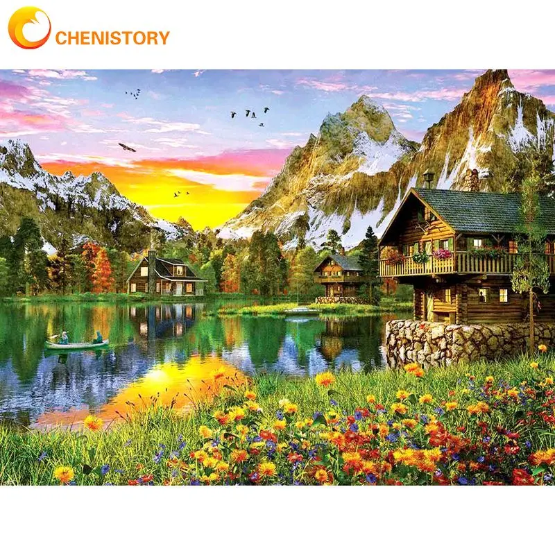 Chenistory Painting By Numbers For Adults Beatiful Town Landscape Paints Kits DIY Framed For Adults Home Decor Oil Drawing Photo