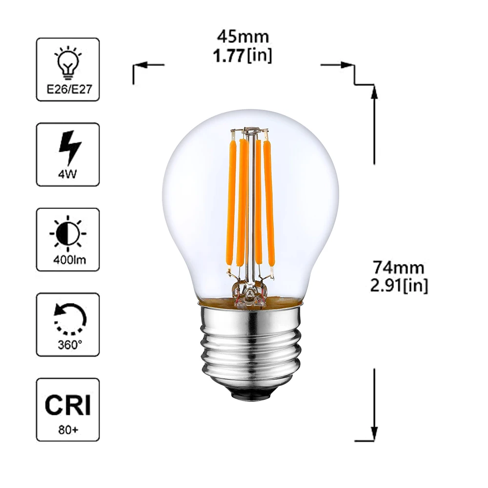 GANRILAND LED Globe Light Bulb G45 4W E27 2700K 6000K Vintage Edison Dimmable Led Filament Bulb for Garden String Pendant Lights