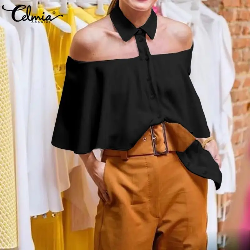 Women\'s Sexy Blouse 2023 Celmia Party Cold Shoulder Halter Women Shirt Ruffles Solid Office Casual Top Autumn Buttons Blusas