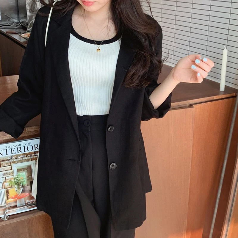 QOERLIN Two Button Simple Cotton Linen Suit Jacket 2021 Long Sleeve Thin Air-Conditioned Jacket Coat Female Blazer Office Ladies
