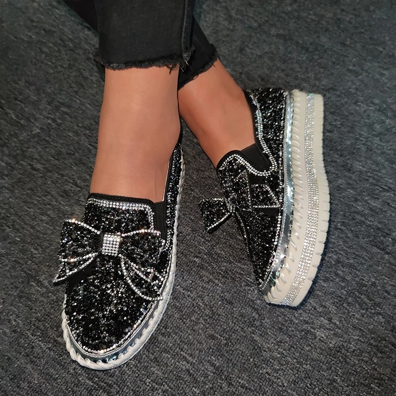 Pink Women Shining Rhinestone Loafers Bowknot Slip-on Thick Botton Casual Ladies Crystal Shoes Female Platform Shoes