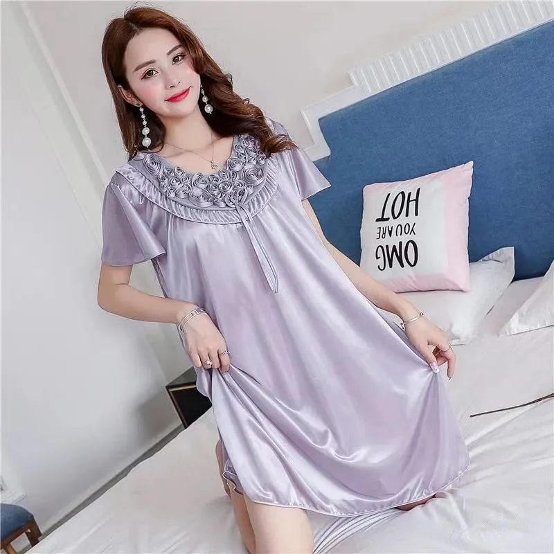 Women Nightgowns Sexy Satin Silk Soft Nightwear Plus Size S-XL Lace Sleepwear Dress Sexy Lingerie Robe Mini Homedress Nightdress