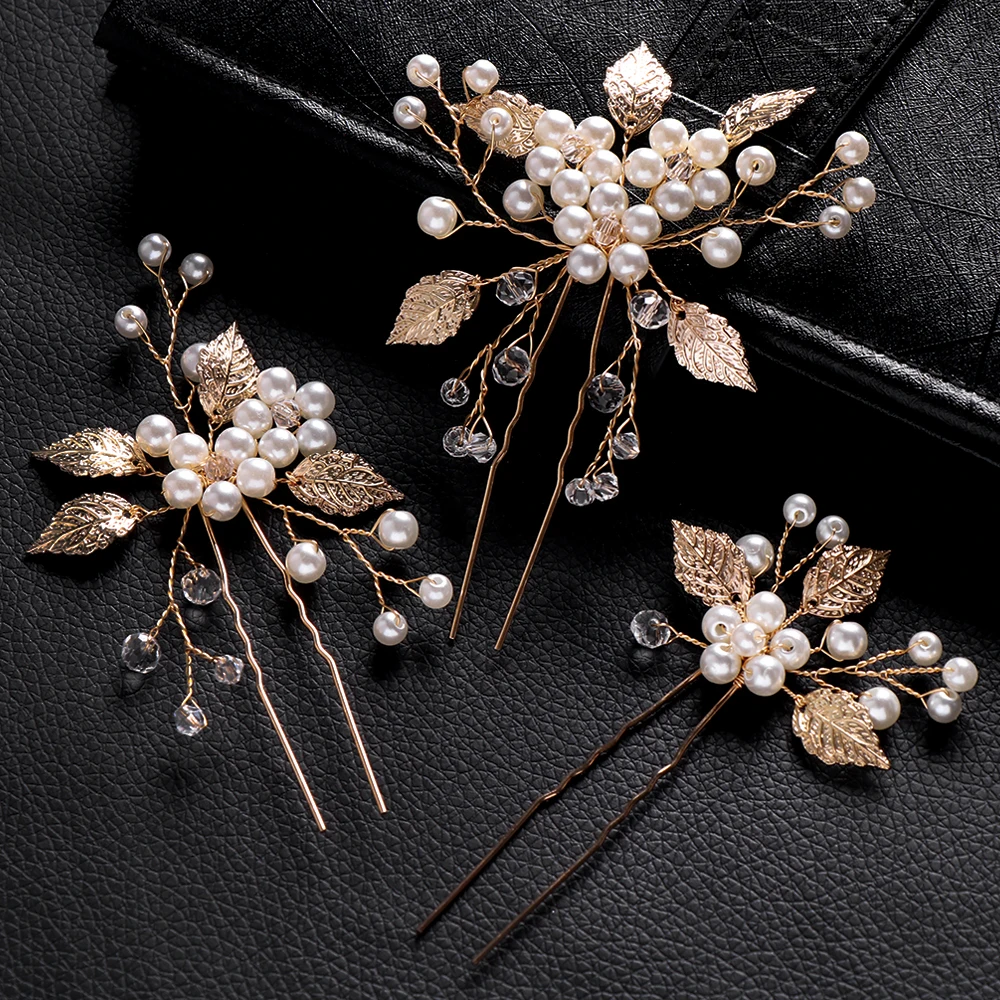 Pearl Hair Pin Clip for Women Luxury Crystal Rhinestone Wedding Hairpins Sticks Gold Prom Bride Bridesmaid Hair Accessories