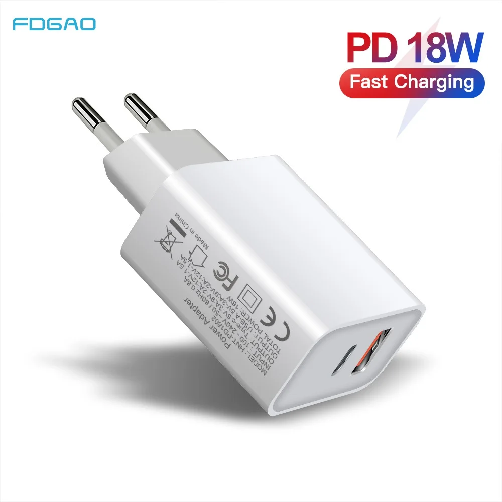 PD Charger 18W Dual Port USB Type C Quick Charge 3.0 Charger For iPhone 14 13 12 11 XS Samsung S23 QC 3.0 Phone Charger Adapter