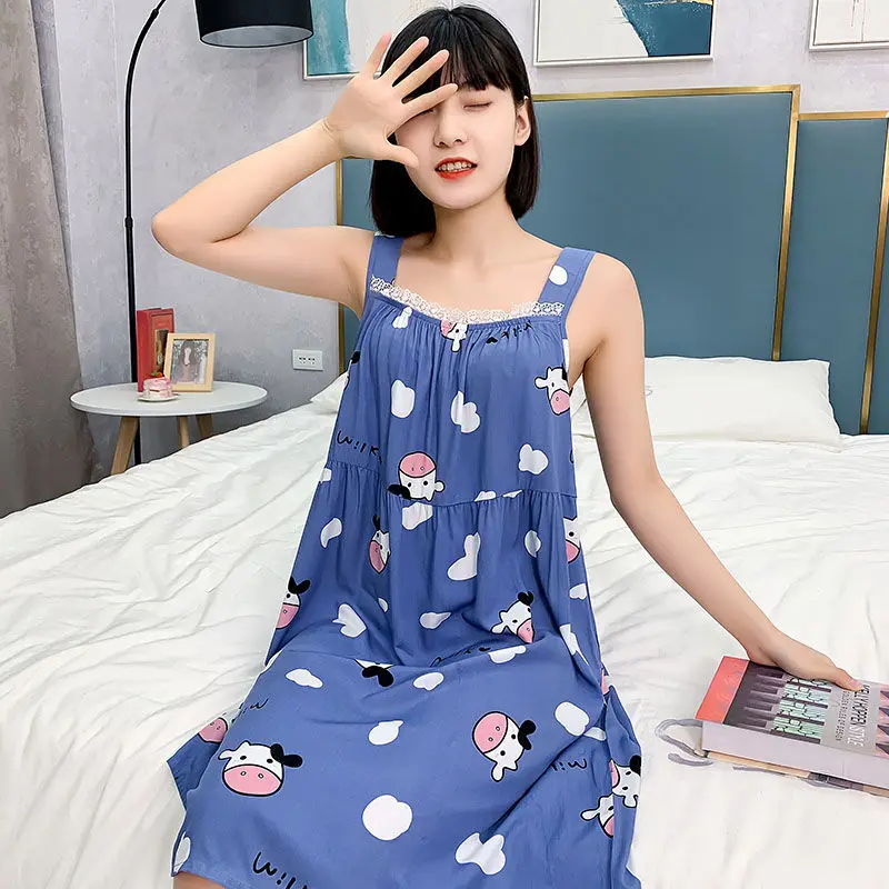 Nightgowns Women Summer Breathable Backless Cartoon-printed Leisure Sleep Homewear Girls Daily Kawaii Knee-length Large Size Ins