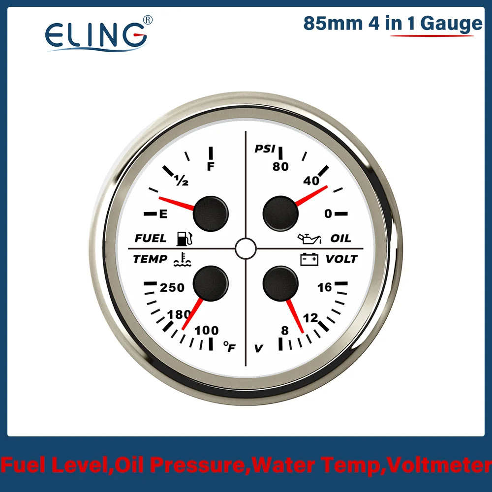 ELING 85mm 4 in 1 Multifunction Meter Oil Pressure Water Temperature Oil Level Voltmeter For Cars Ships