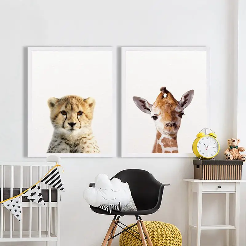 Lion Zebra Elephant Giraffe Baby Animals Art Print Poster, Safari Animals Picture Canvas Painting Kids Room Nursery Wall Decor