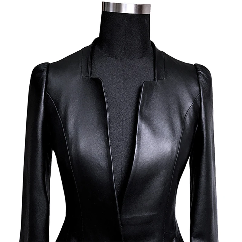 Lautaro-chaqueta de cuero Pu suave para mujer, Blazer elegante de lujo con falda y manga larga abombada, cuello en V profundo, color negro, a la