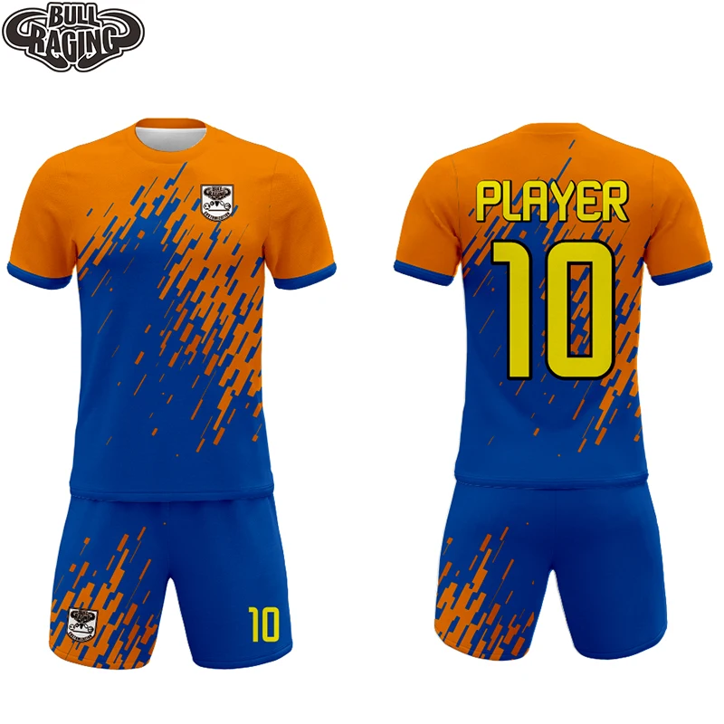 

blue and orange mens custom sublimation printing soccer clothing soccer club tranining sets