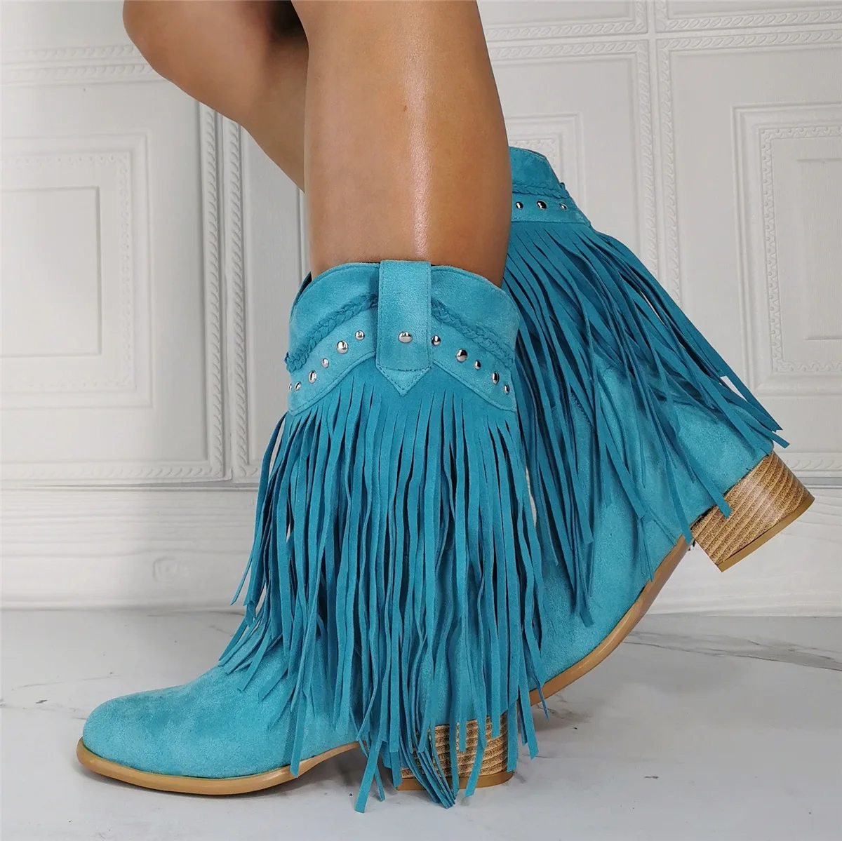 

Western Women Fringe Mid Calf Cowboy Boots Blue Flock Chunky Wood Heels Ladies Causal Short Booties Autumn Winter Bohemia