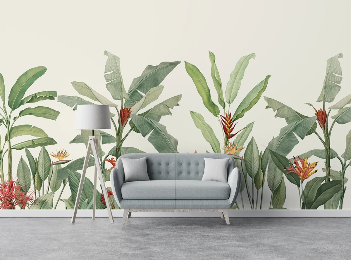 Redouté Dusty Green and Teal Vintage Tropical Minimalist Wallpaper Mural