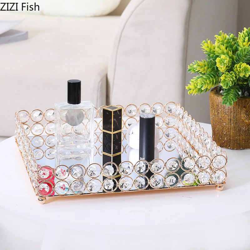 European Rhinestone Square Storage Trays Metal Tray Dressing Table Jewelry Storage Plate Cosmetic Containers Organizer Plate