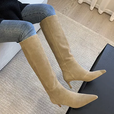 

New Women Suede Tan Stiletto High Heels Cow leather Pointed Knee High Boots Long Stretch Slim Thigh Banquet Botas Shoes Woman