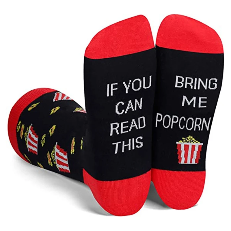 Novelty Funny Saying Crew Socks If You Can Read This Bring Me Popcorn Sushi Tacos Letters Printed Contrast Color Mid Tube Hosier