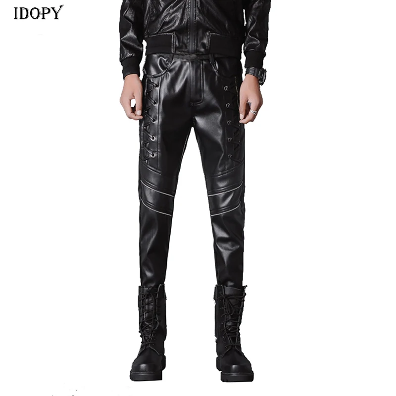 

Idopy Men`s Faux Leather Pants Laceup Steampunk Punk Gothic Halloween Party Dancer Pleather Pants Trousers For Men