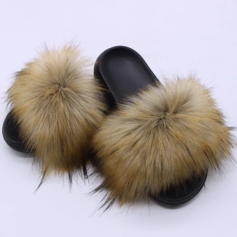 Summer women\'s slippers luxury imitation fur raccoon fur slippers fashion simple indoor non-slip fluffy fur Outdoor slippers