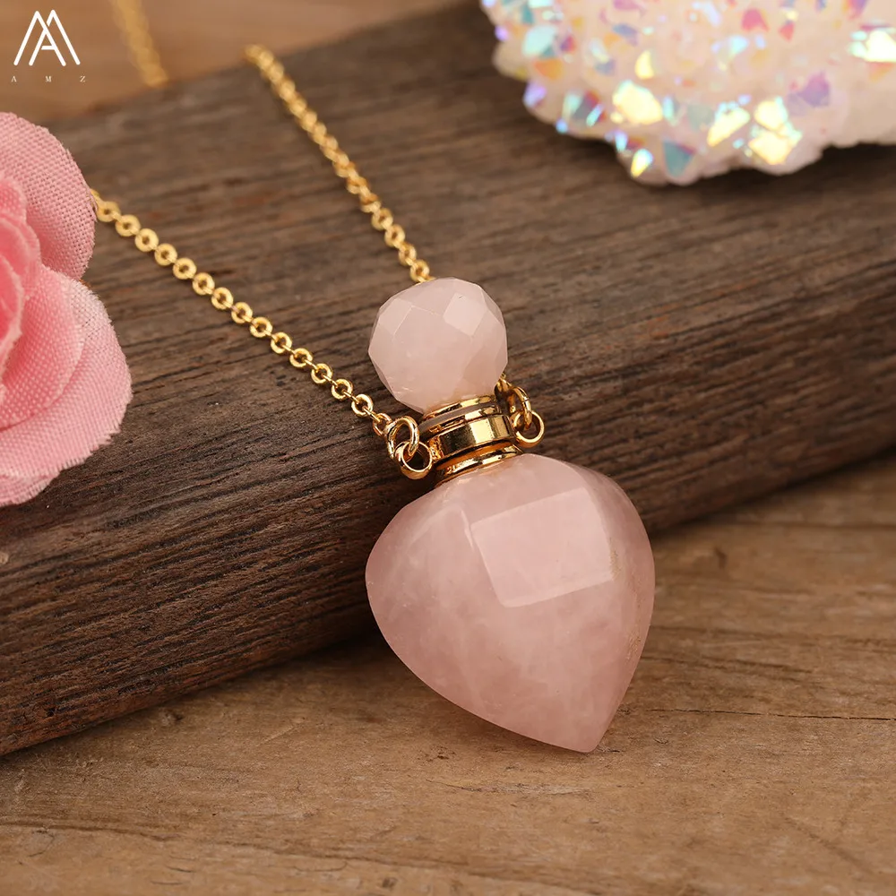 Natural White Jades Roses Amethysts Quartz Heart Shape Perfume Bottle Pendant Necklace Elegant Women Essential Oil Vial Jewelry image 3