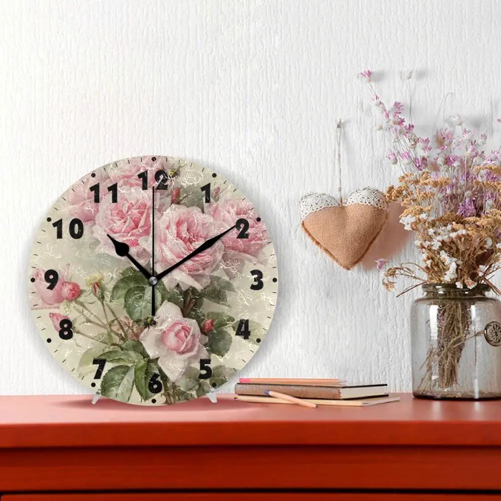 Vintage Shabby Floral Printed Silent Wall Clock Round 25cm Kitchen Clock Chic Pink Rose Flower Quiet Desk Clock For Living Room