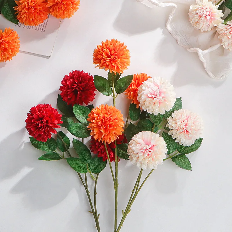 Fresh Three Flower Head Pompon Chrysanthemum Artificial Flower Branch Living Room TV Cabinet Home Decoration Flower Arrangement