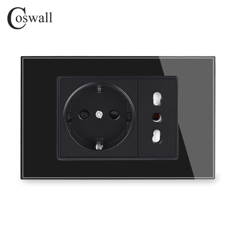 Coswall Black Tempered Glass Panel Wall Power Socket Universal EU / Italian / Chile Outlet With Children Protective Door