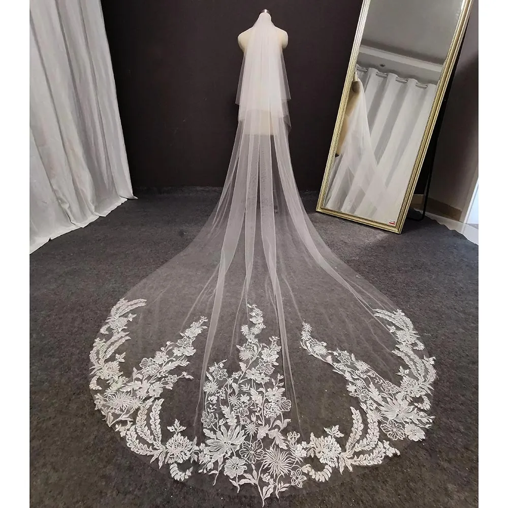 Real Photos Flower Lace Appliques 2 Tier Wedding Veil Soft Tulle 3 M Long 2 T Bridal Veil with Comb Wedding Accessories