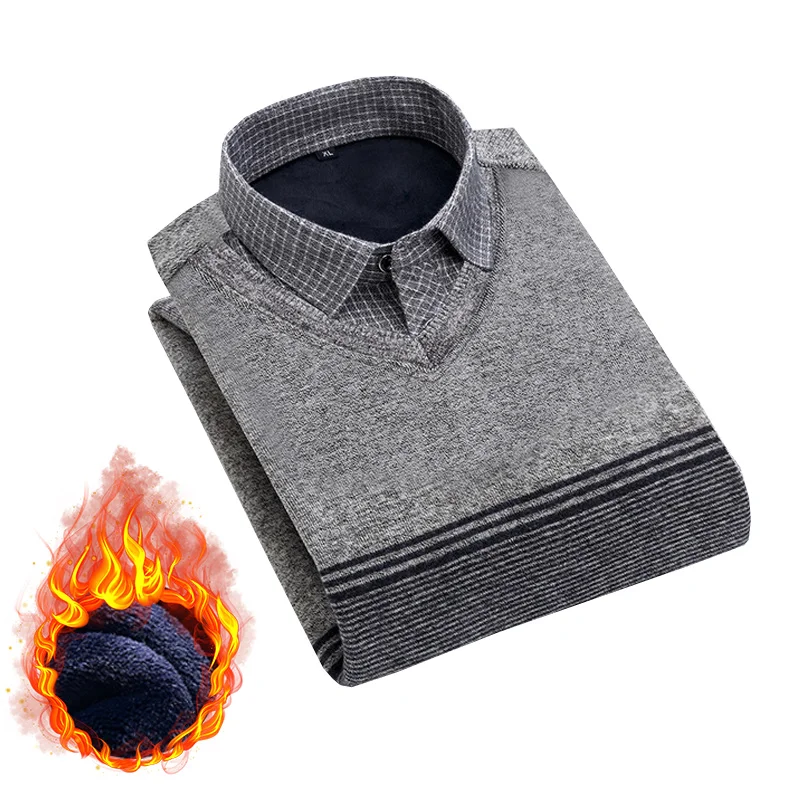 Men's Pullover Sweater Fashion Long-Sleeved Warm Knitted Shirt 2021 New Fake Two-Piece Men's Shirt Casual Jacket 18-45 Years Old