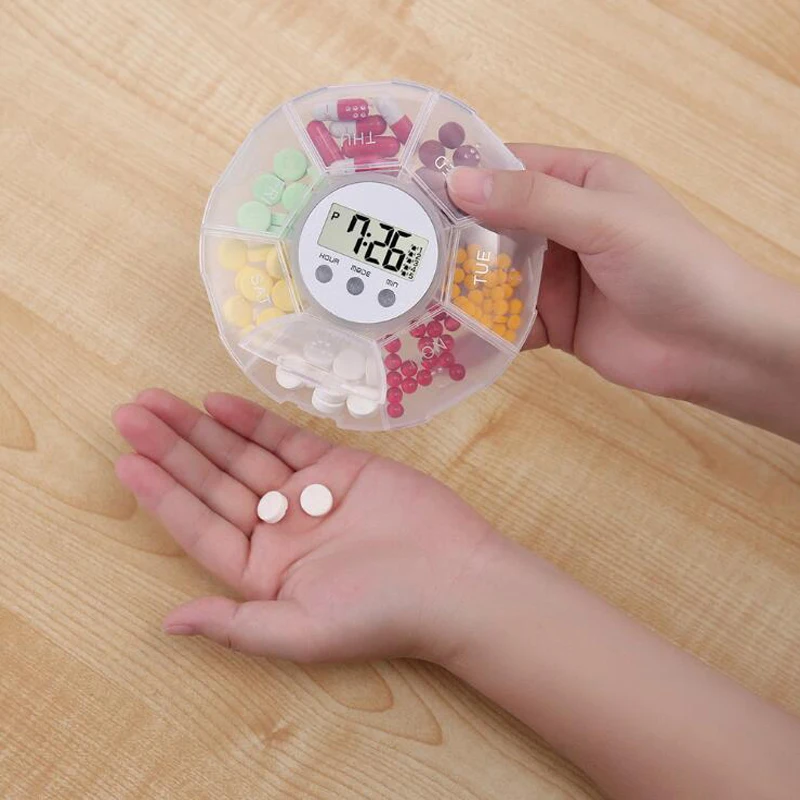 صندوق حبوب دواء محمول مكون من 7 أقسام لأسبوع واحد، صندوق حبوب إلكتروني صغير مختوم، صندوق تخزين بلاستيكي للسفر، منظم أدوية