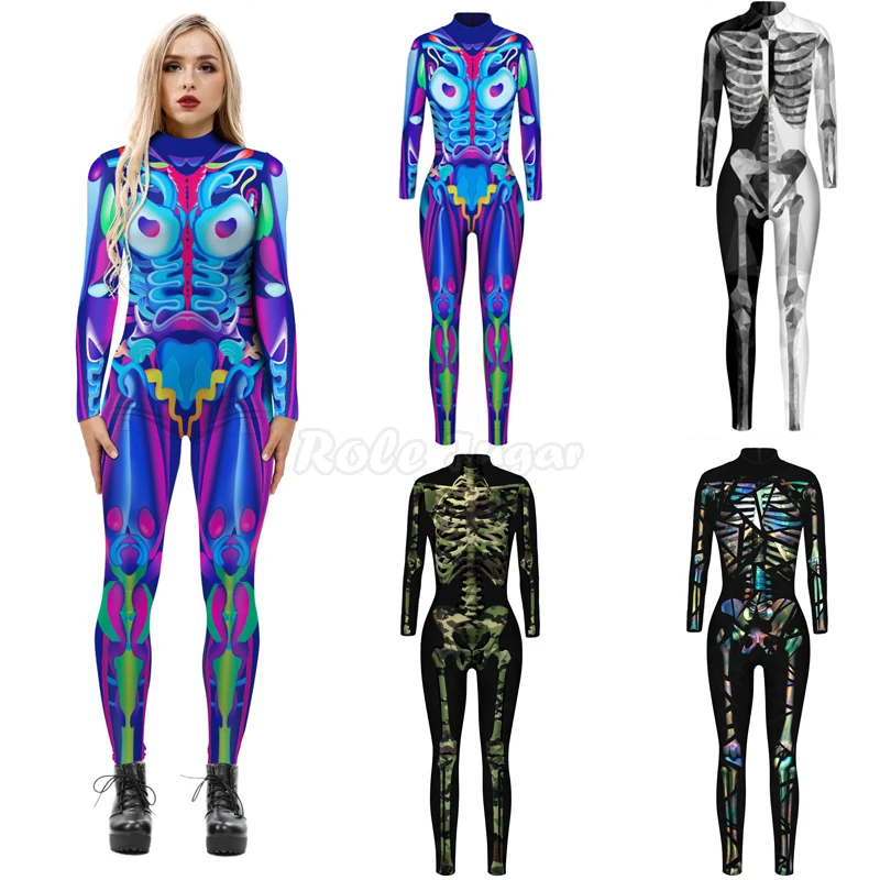 Disfraz de esqueleto de cuerpo humano para mujer adulta, disfraz de Zentai de manga larga con impresión Digital 3D, para fiesta de Carnaval y Halloween, C42X49